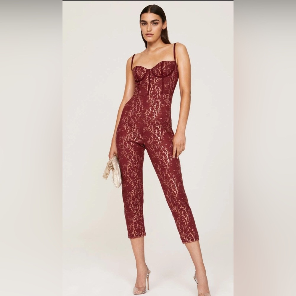 Katie May Burgundy/Gold Embroidered Bustier Jumpsuit Small